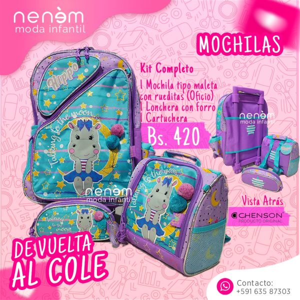 COLECCION HIPPO, mochila, cartuchera, lonchera.